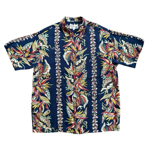 Vintage Iolani Hawaiian Shirt Bird of Paradise Panel Navy Large Made in Hawaii - Picture 1 of 4